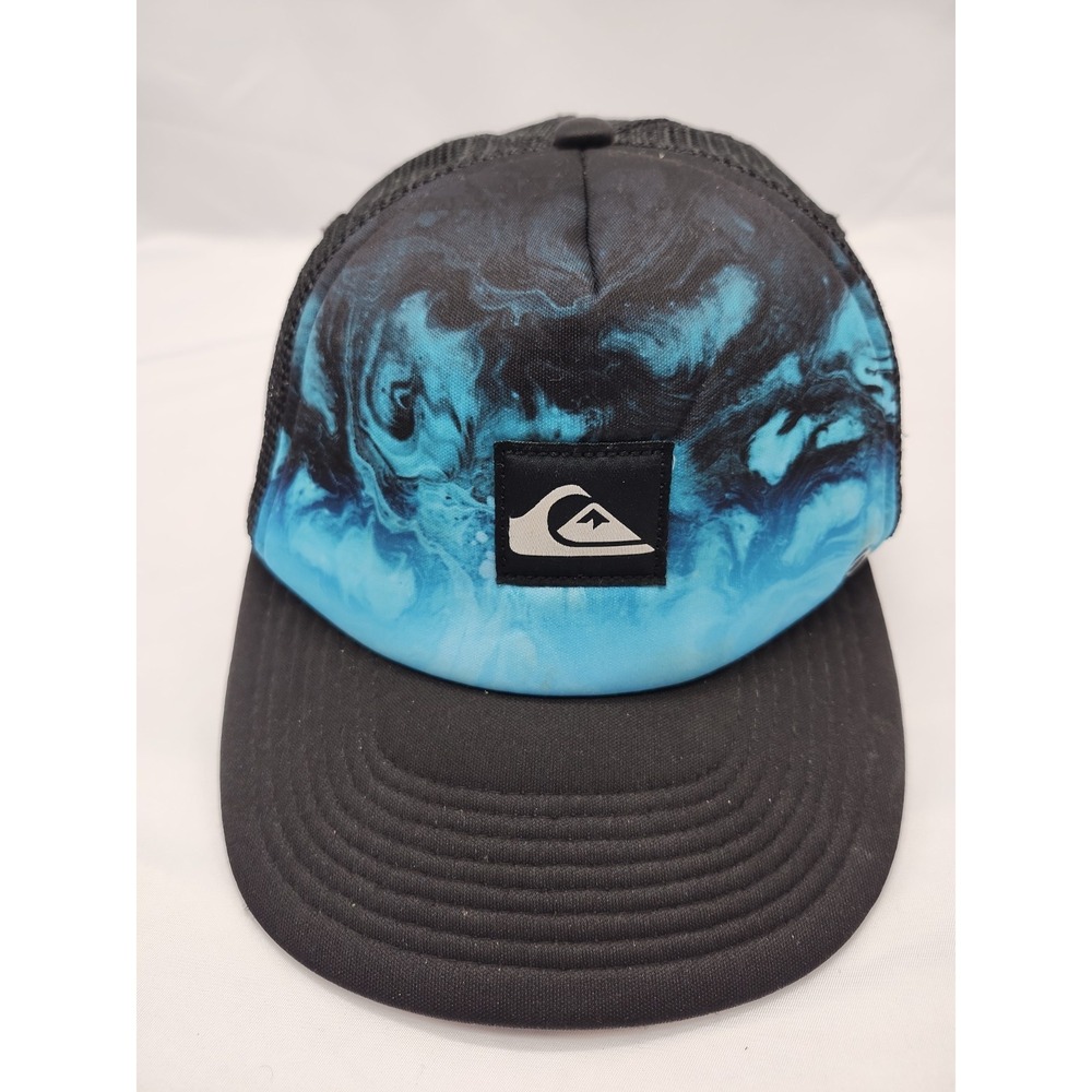 Quiksilver Trucker Hat Baseball Cap Black Mesh Foam Blue Aqua Beach Snapback
